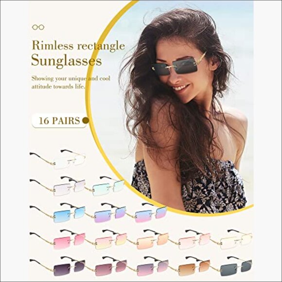 Metal Frameless Rectangle Y2K Sunglasses, 16 Pairs Vintage Retro Style main image 5